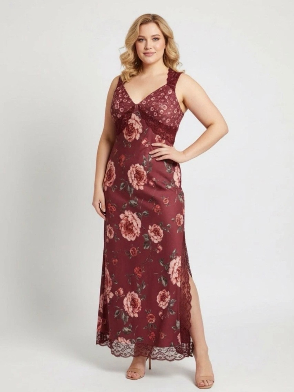 Avec Les FIlles Bias Cut Lace Trim Dress Size 14 Pink Peony or Wine
Floral